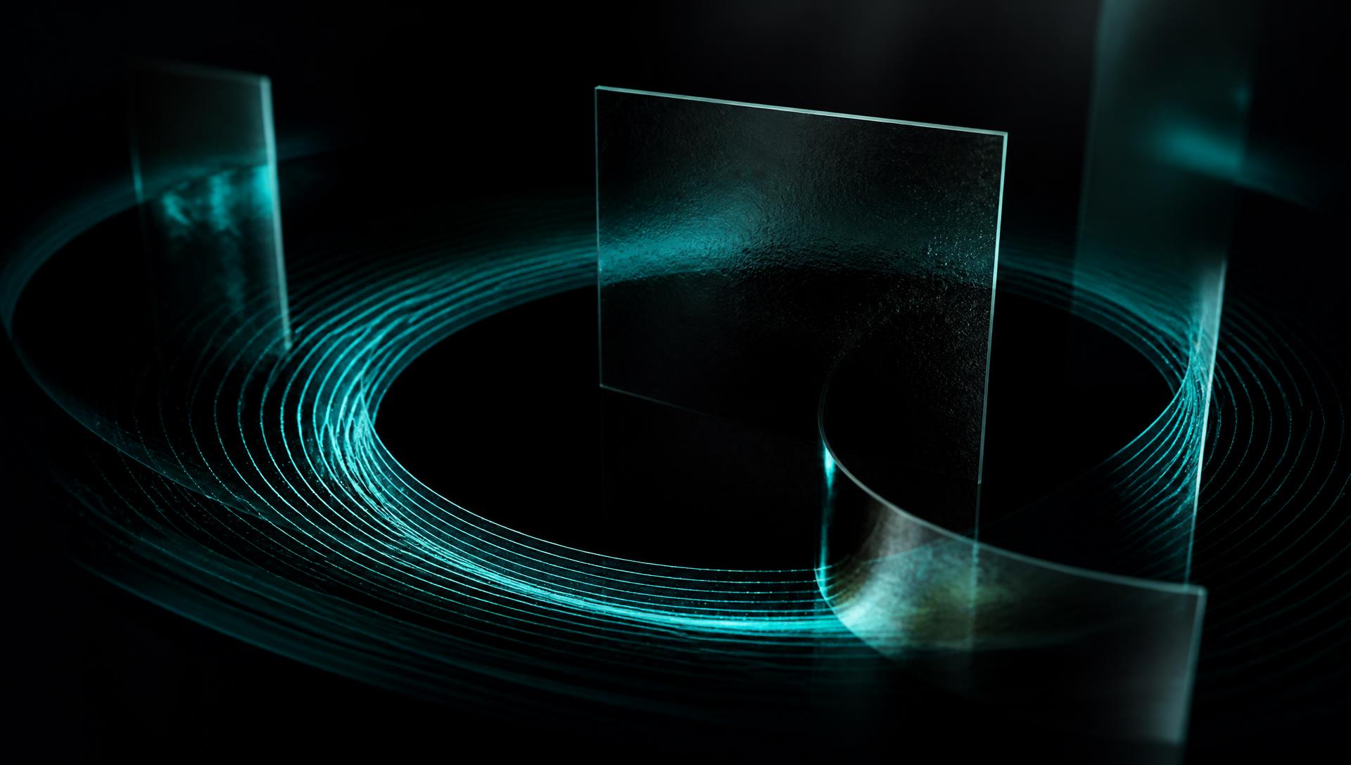 Abstract teal light rings within layered glass panels